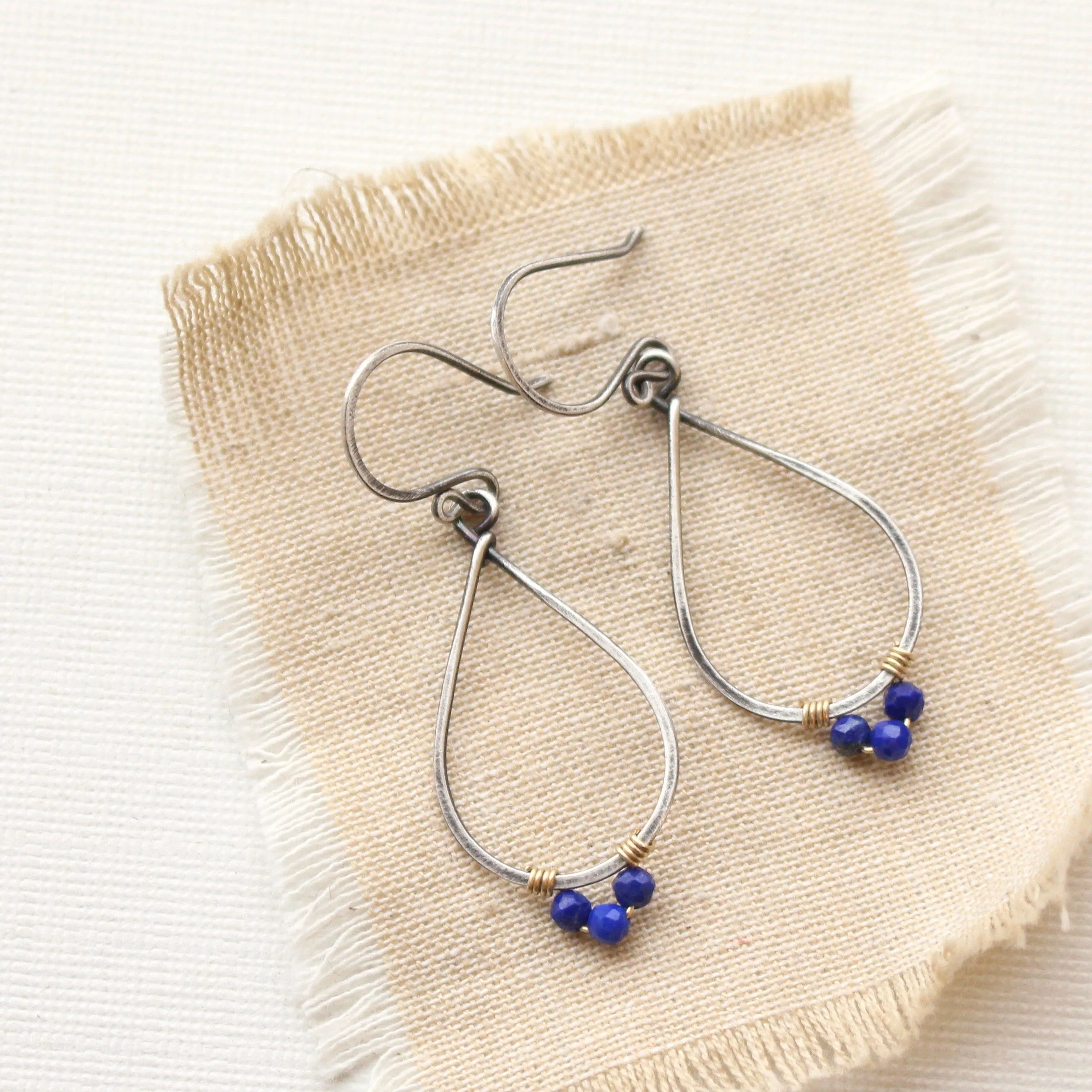 Lapis Wrapped Teardrop Mixed Metal Hoop Earrings