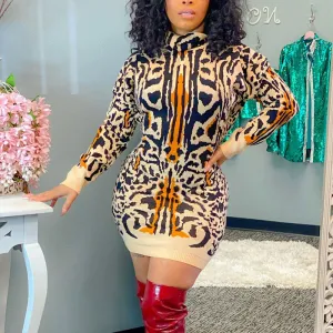 Leopard Print Knit Long Sleeve Bodycon Dress
