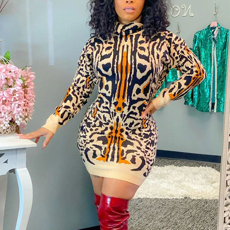 Leopard Print Knit Long Sleeve Bodycon Dress