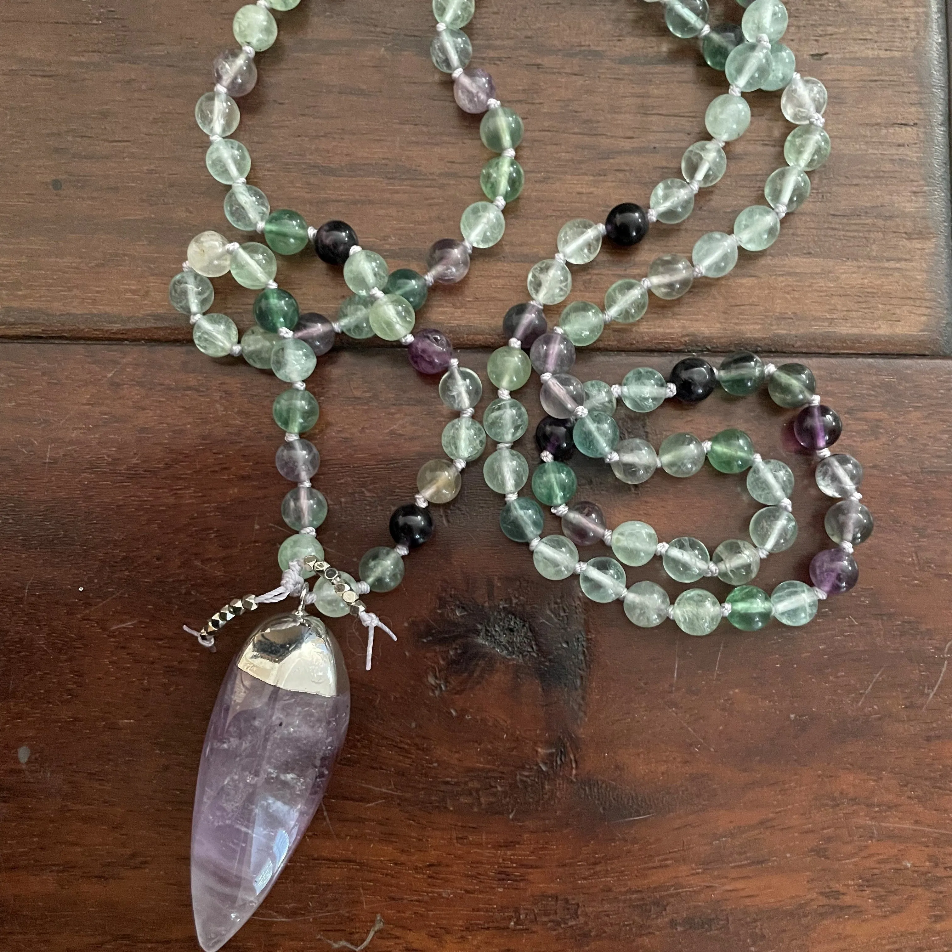 Light Rainbow Flourite and Amethyst Mala
