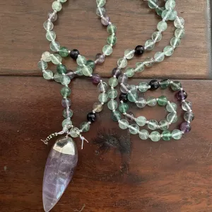 Light Rainbow Flourite and Amethyst Mala