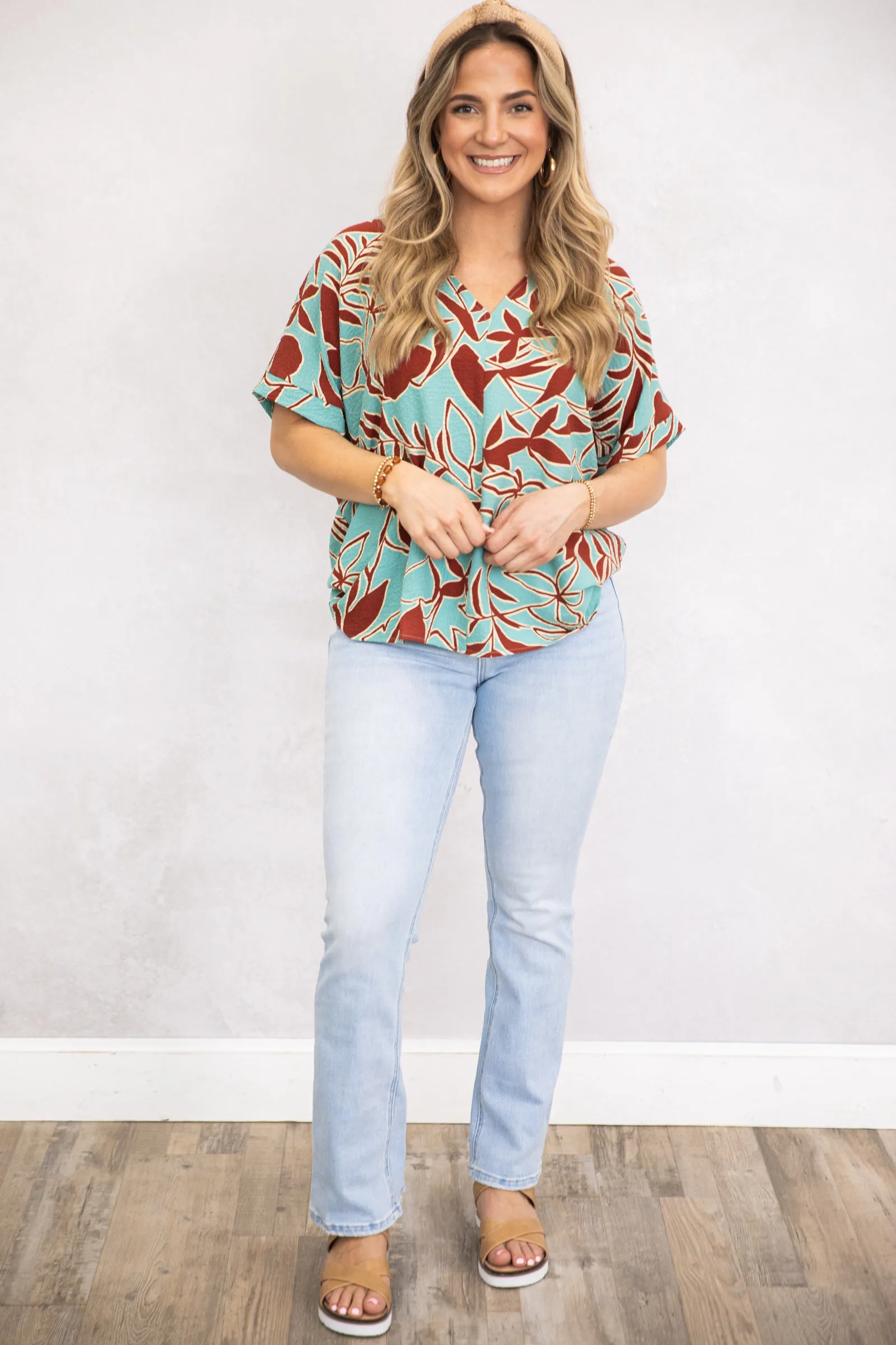 Light Teal and Rust Floral Woven Top