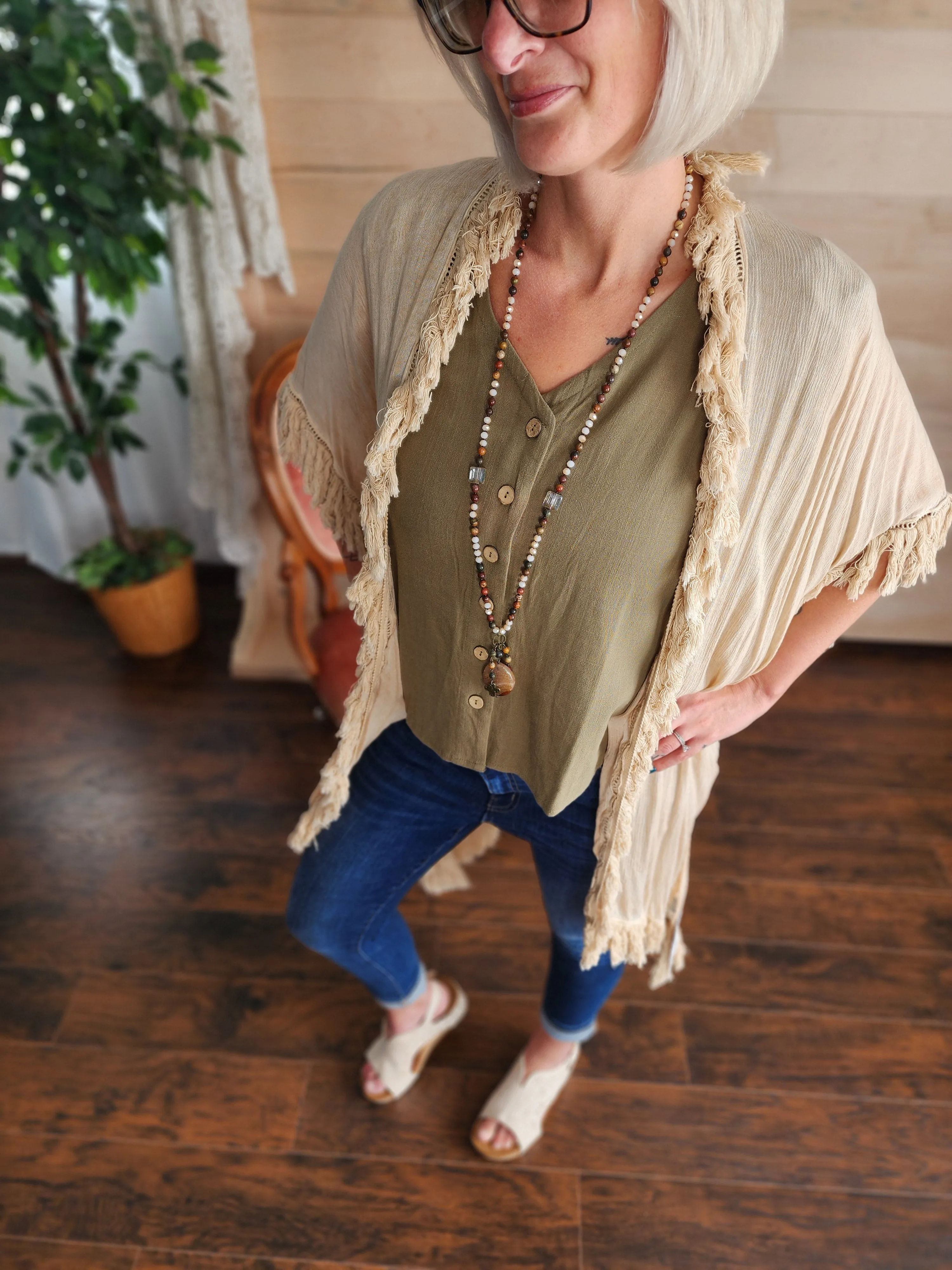 Linen button up v-neck sleeveless blouse in olive *