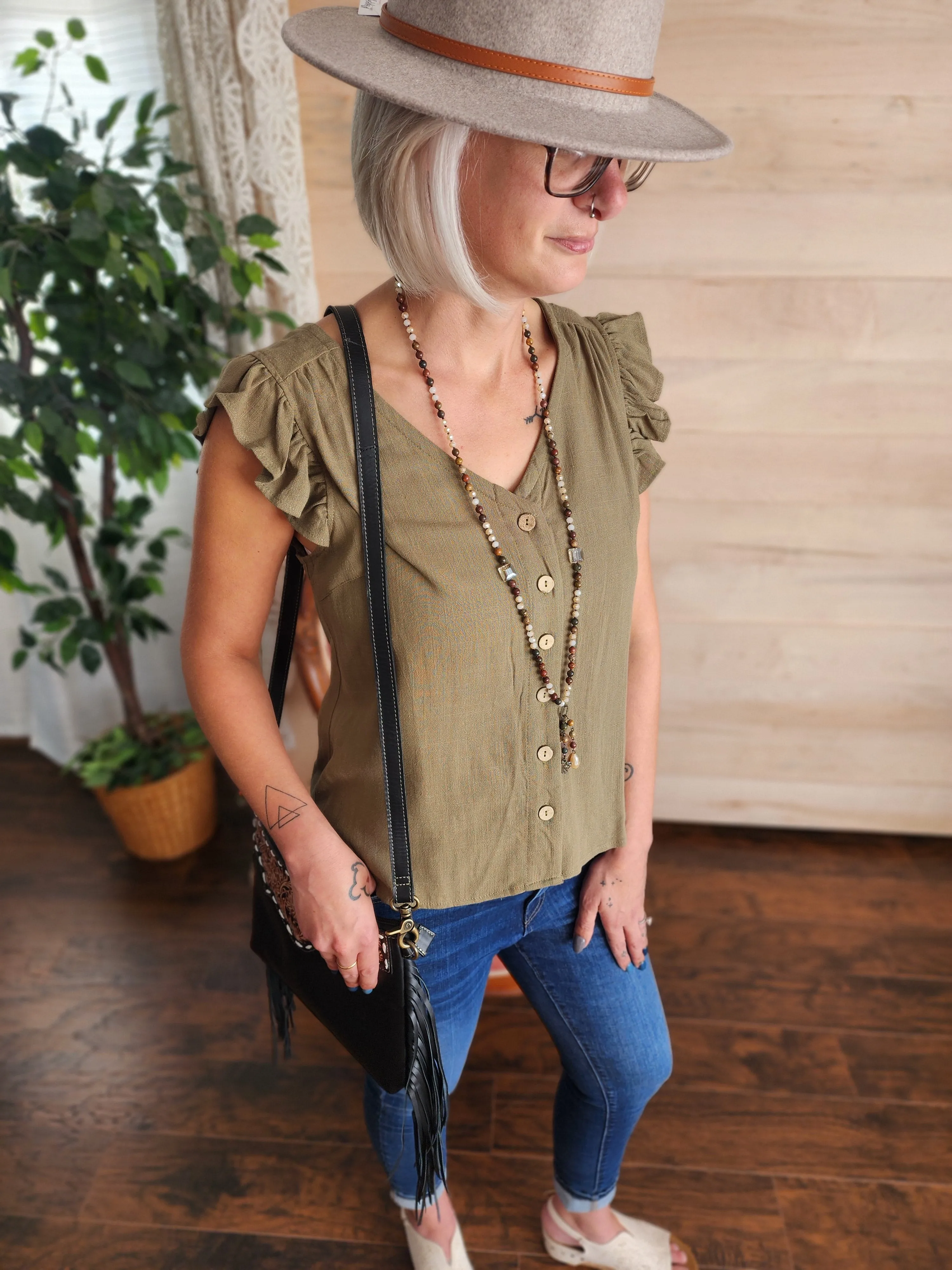Linen button up v-neck sleeveless blouse in olive *