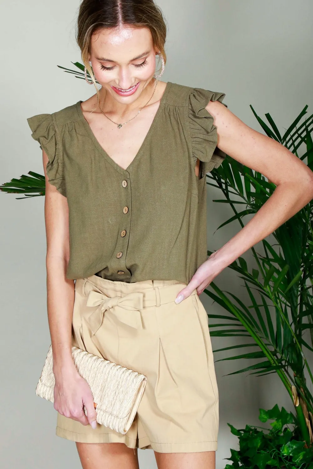 Linen button up v-neck sleeveless blouse in olive *