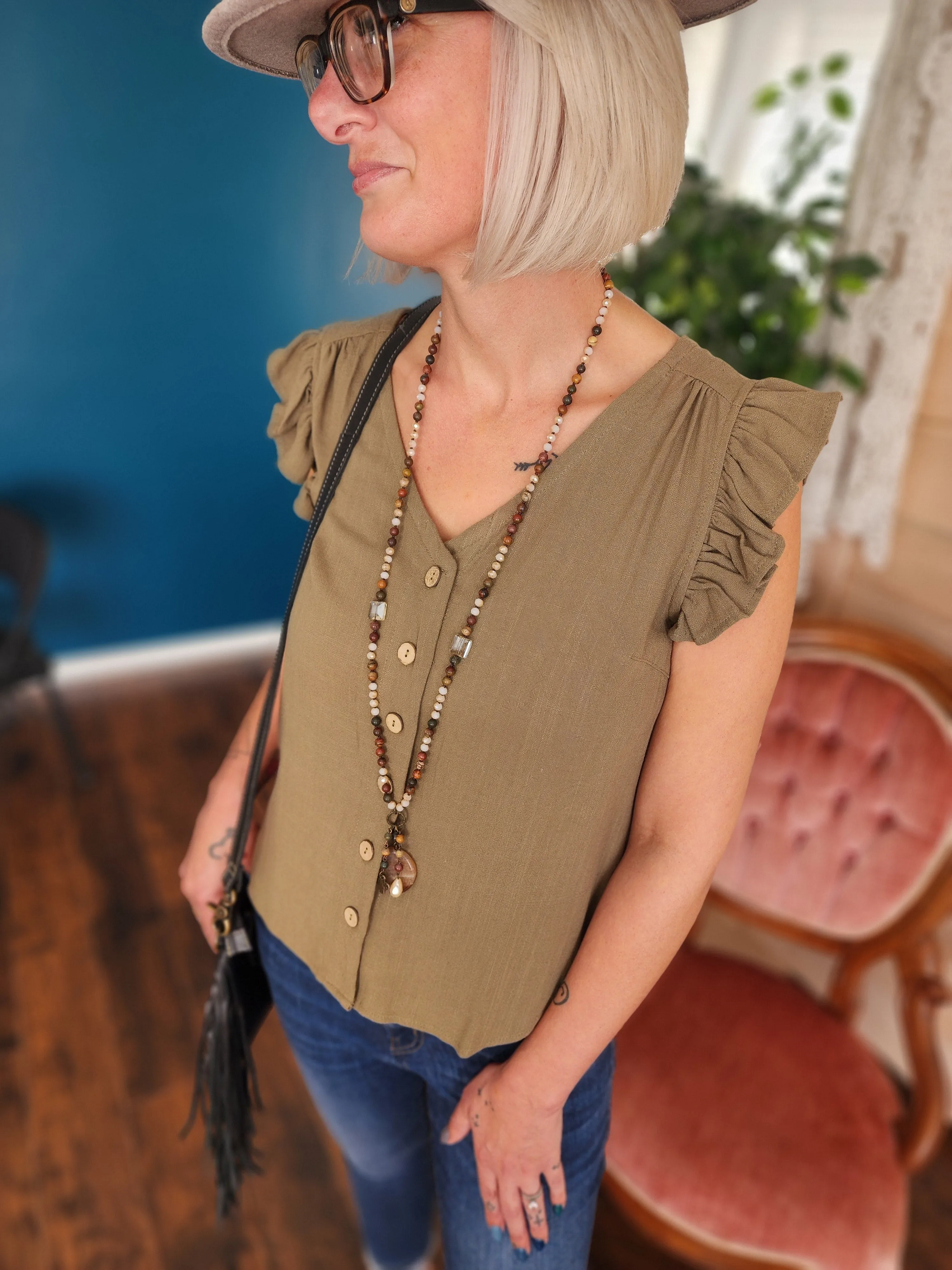 Linen button up v-neck sleeveless blouse in olive *