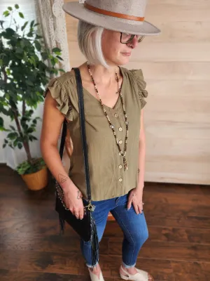 Linen button up v-neck sleeveless blouse in olive *