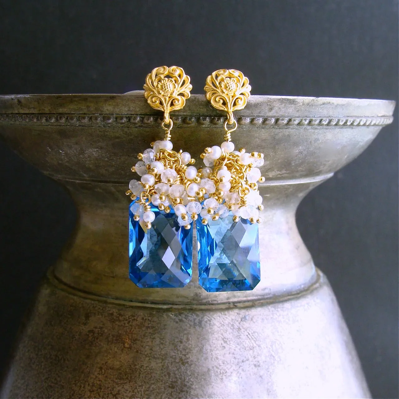 London Blue Topaz Seed Pearls Moonstone Cluster Earrings - Dione IV Earrings