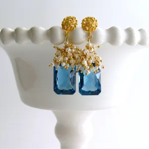 London Blue Topaz Seed Pearls Moonstone Cluster Earrings - Dione IV Earrings