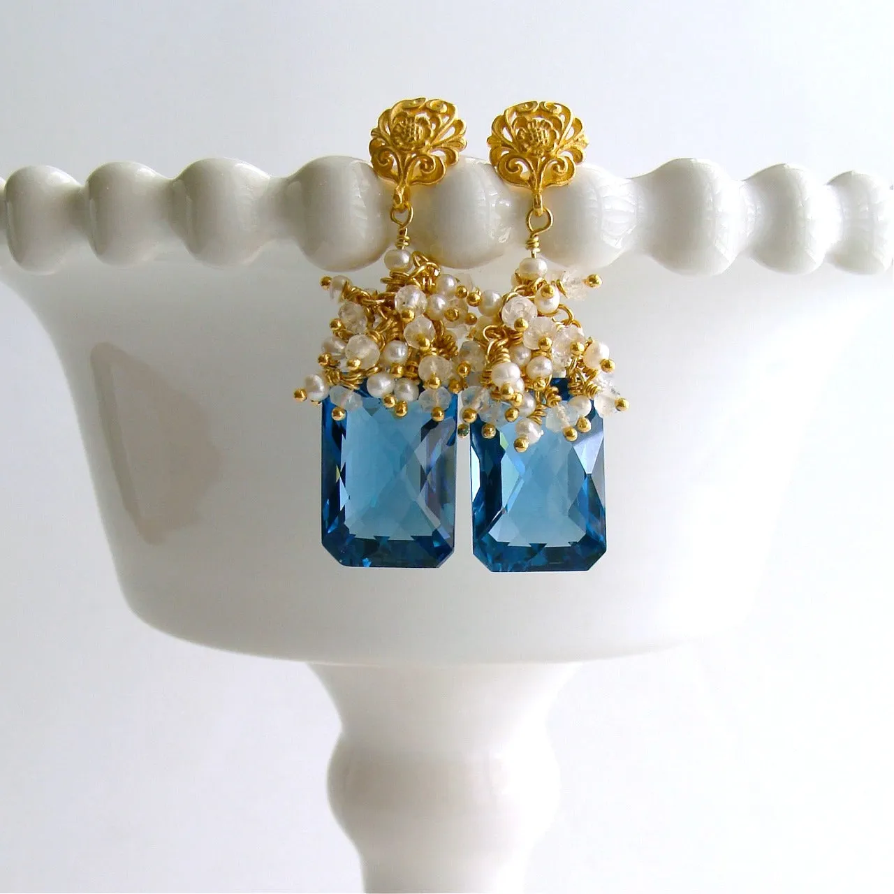 London Blue Topaz Seed Pearls Moonstone Cluster Earrings - Dione IV Earrings