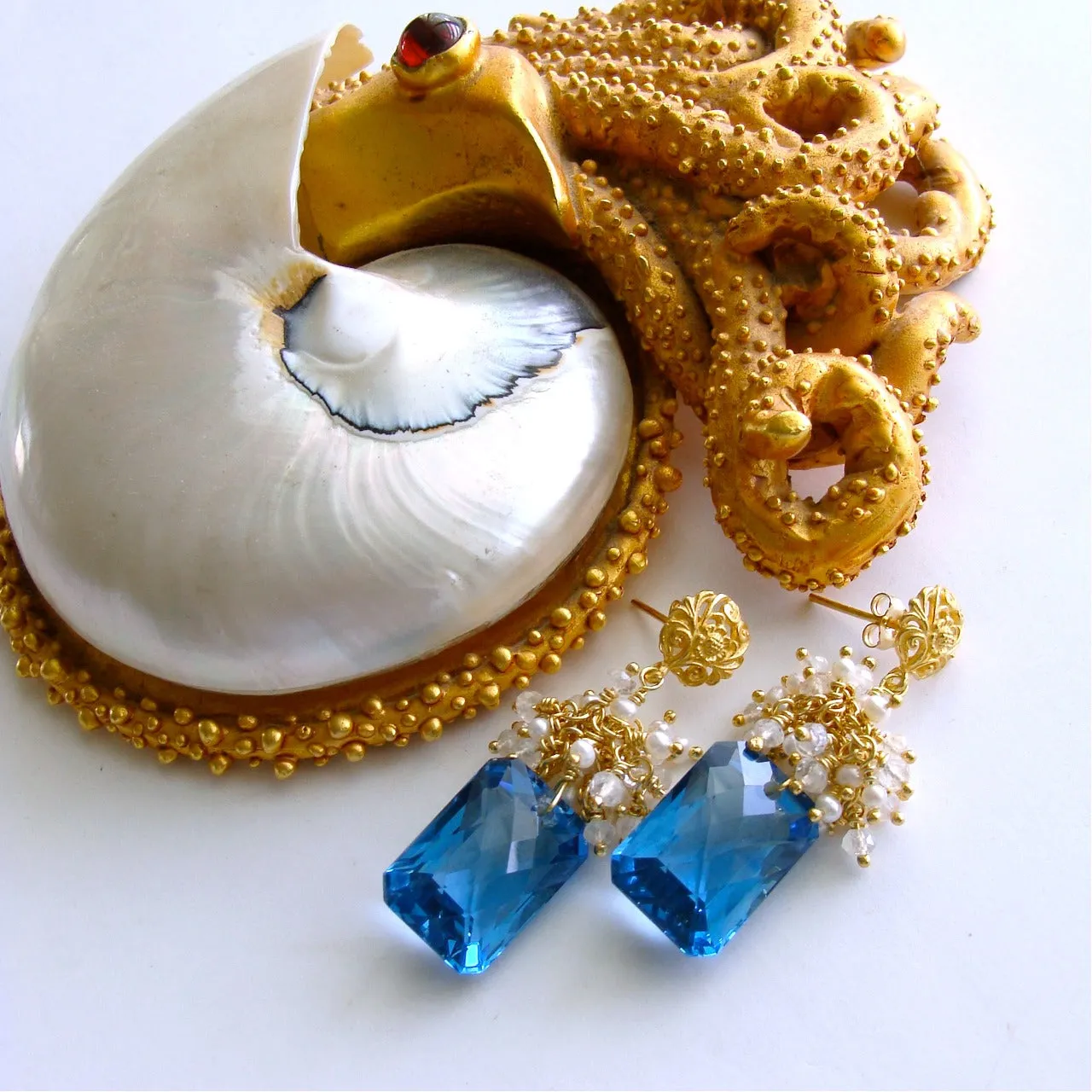 London Blue Topaz Seed Pearls Moonstone Cluster Earrings - Dione IV Earrings