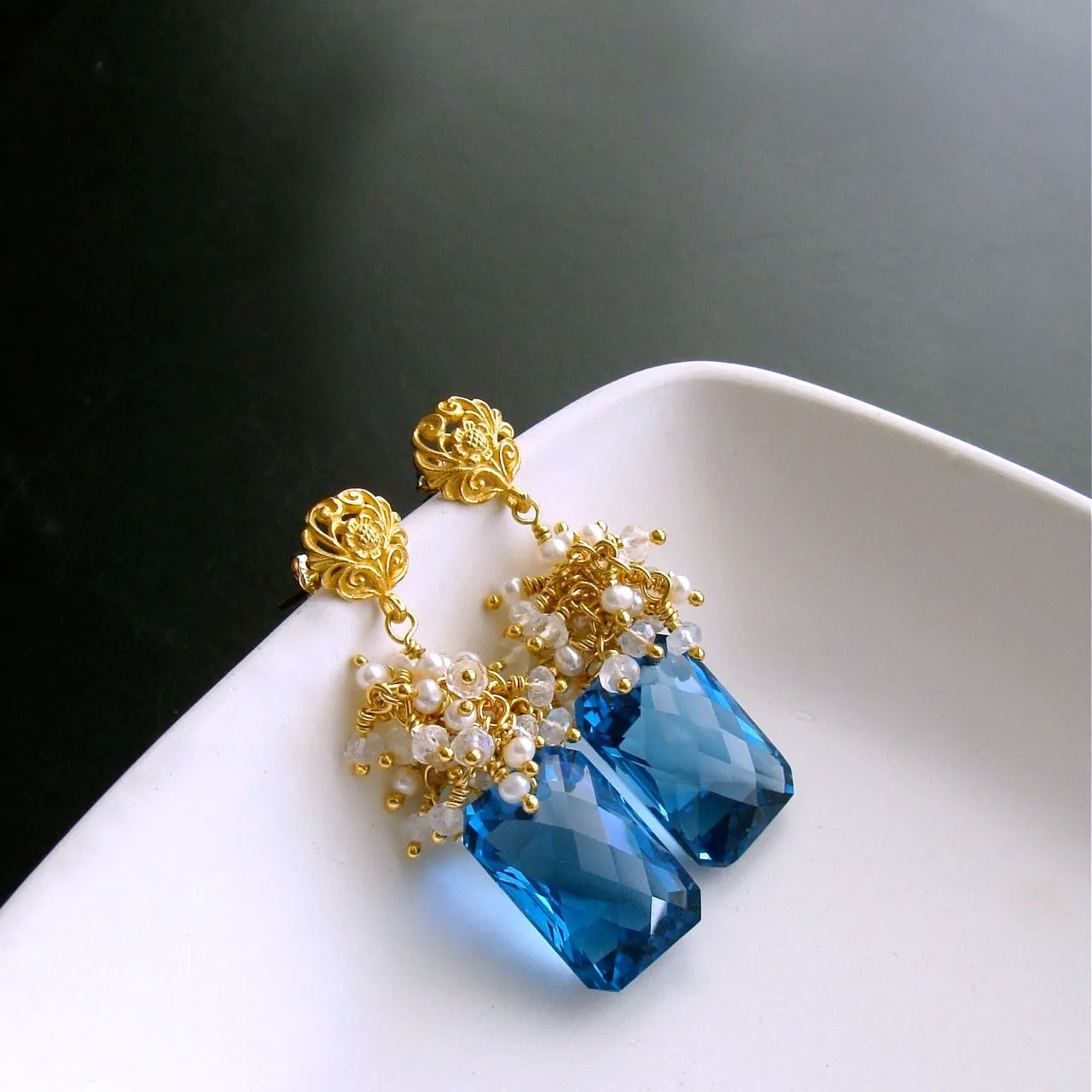 London Blue Topaz Seed Pearls Moonstone Cluster Earrings - Dione IV Earrings