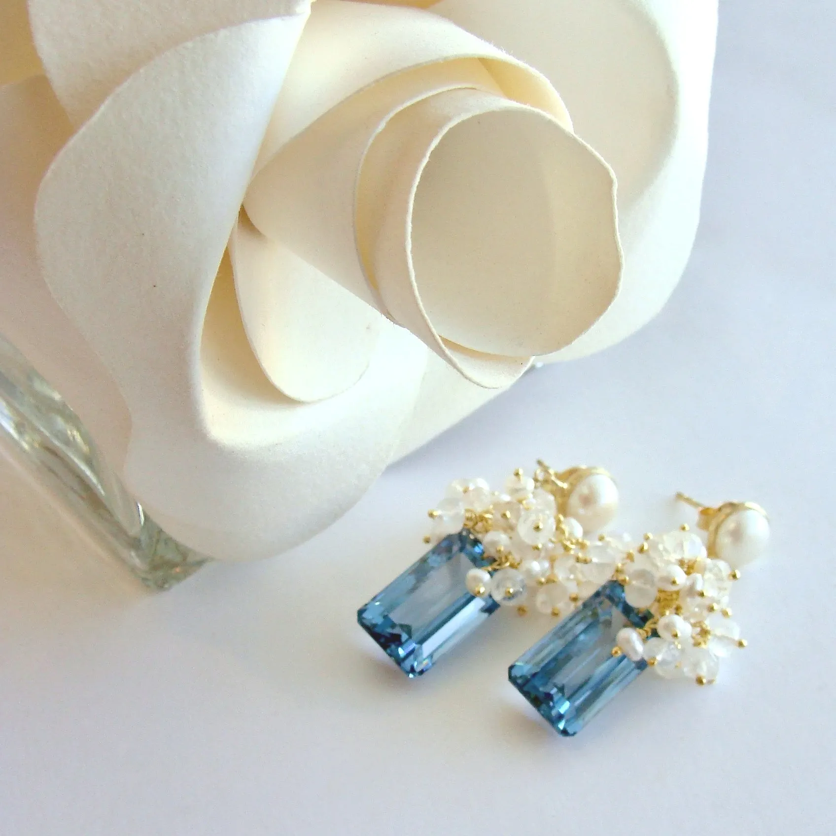 London Blue Topaz Seed Pearls Moonstone Cluster Earrings - Dione IX Earrings