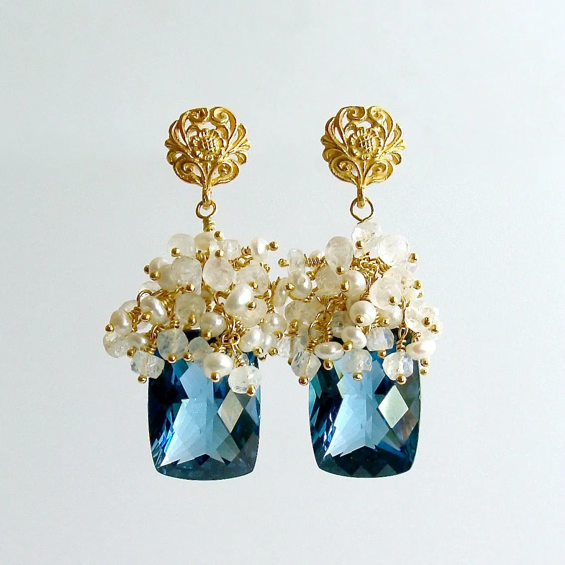 London Blue Topaz Seed Pearls Moonstone Cluster Earrings - Dione VI Earrings