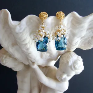 London Blue Topaz Seed Pearls Moonstone Cluster Earrings - Dione VI Earrings