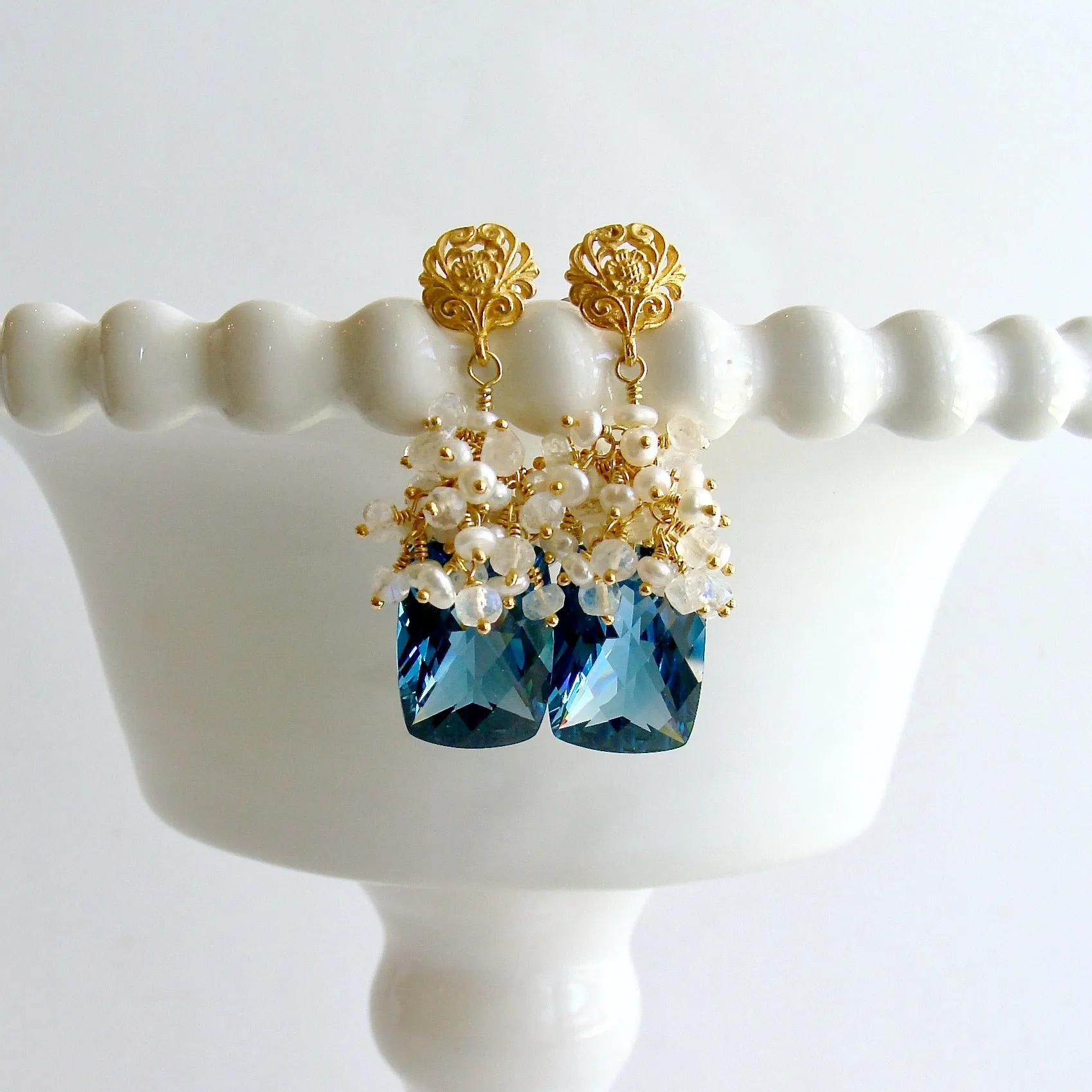 London Blue Topaz Seed Pearls Moonstone Cluster Earrings - Dione VI Earrings