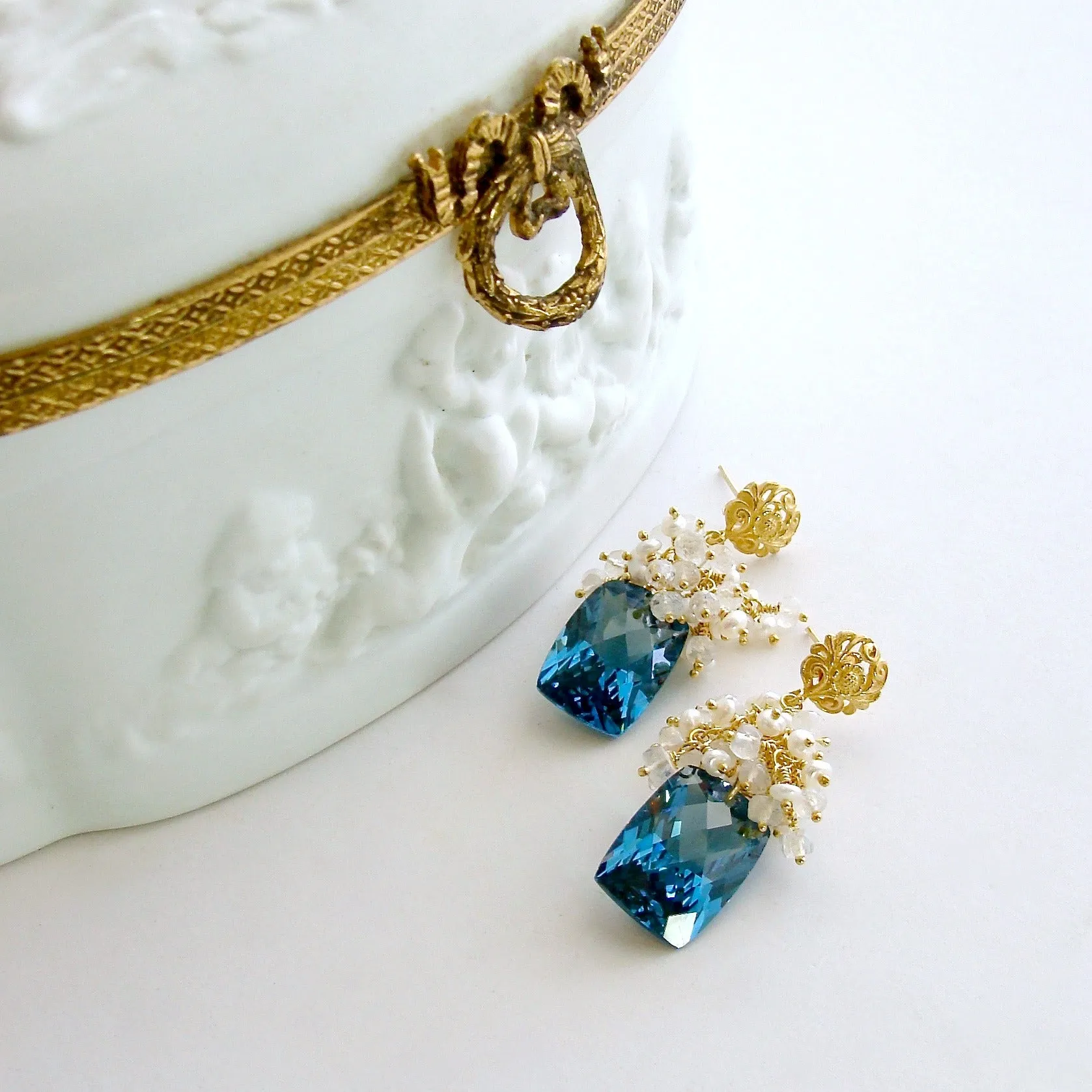 London Blue Topaz Seed Pearls Moonstone Cluster Earrings - Dione VI Earrings