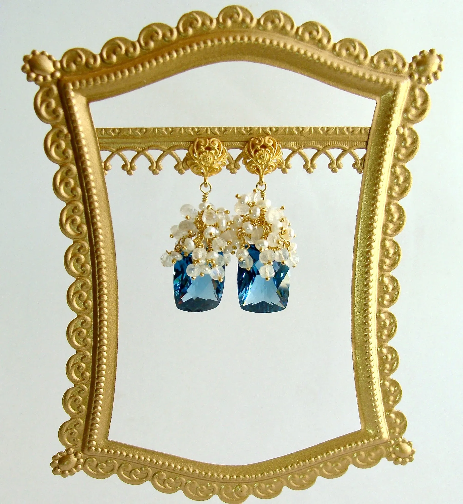 London Blue Topaz Seed Pearls Moonstone Cluster Earrings - Dione VI Earrings