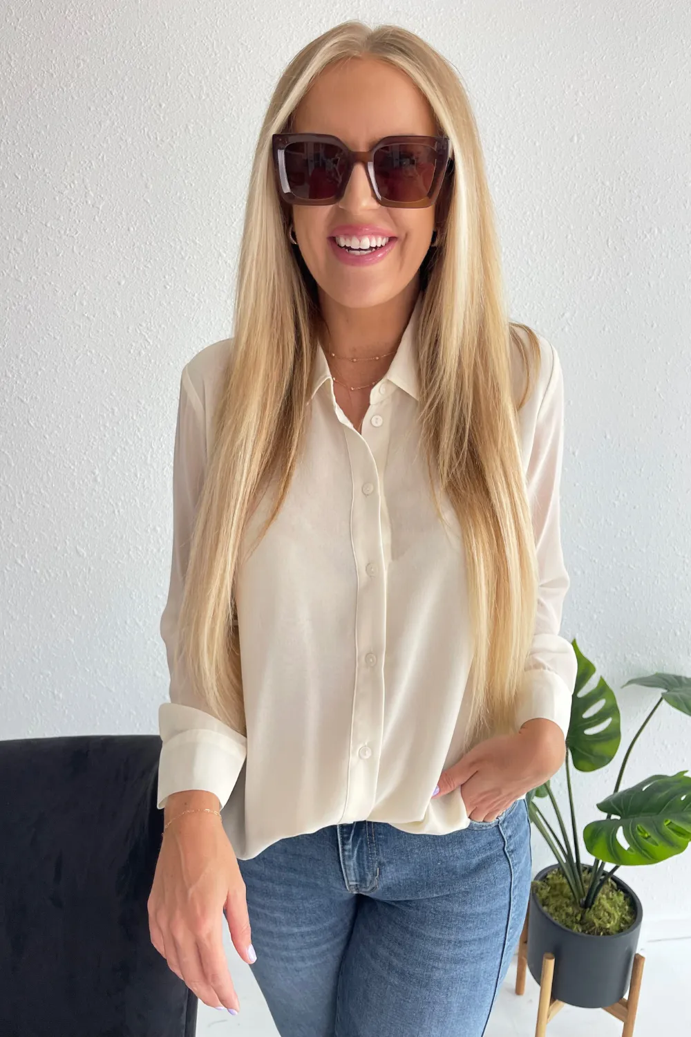 Long Sleeve Woven Shirt Pleat Back