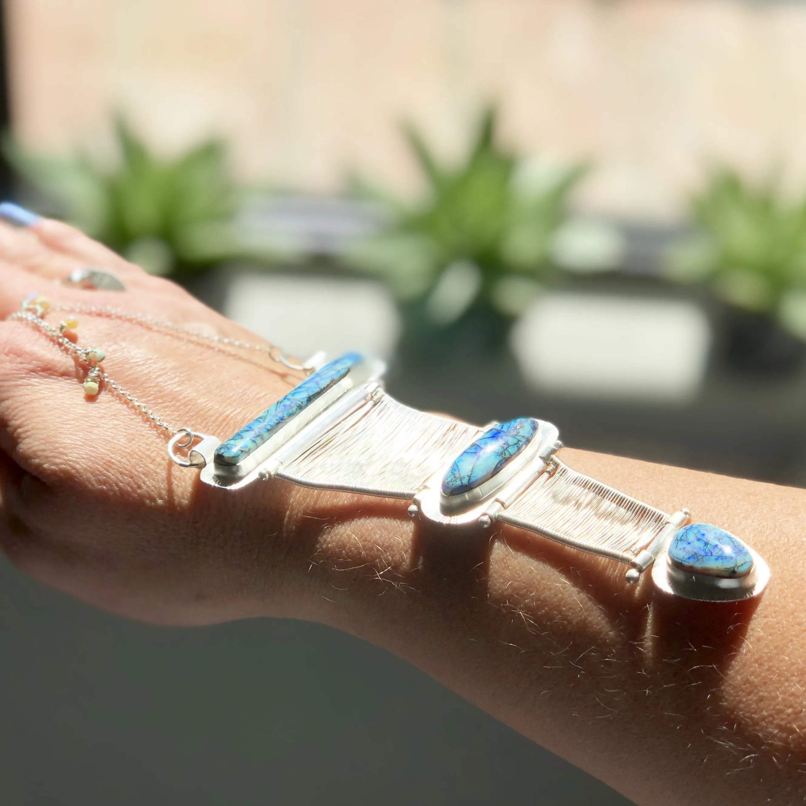 Loretta - Triple Opal Hinged Woven Silver Bridge Necklace