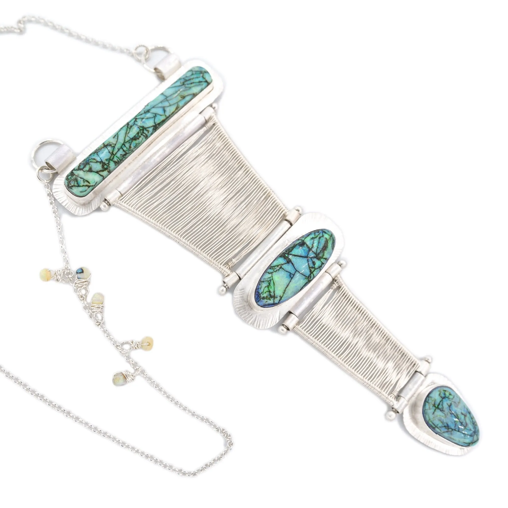 Loretta - Triple Opal Hinged Woven Silver Bridge Necklace