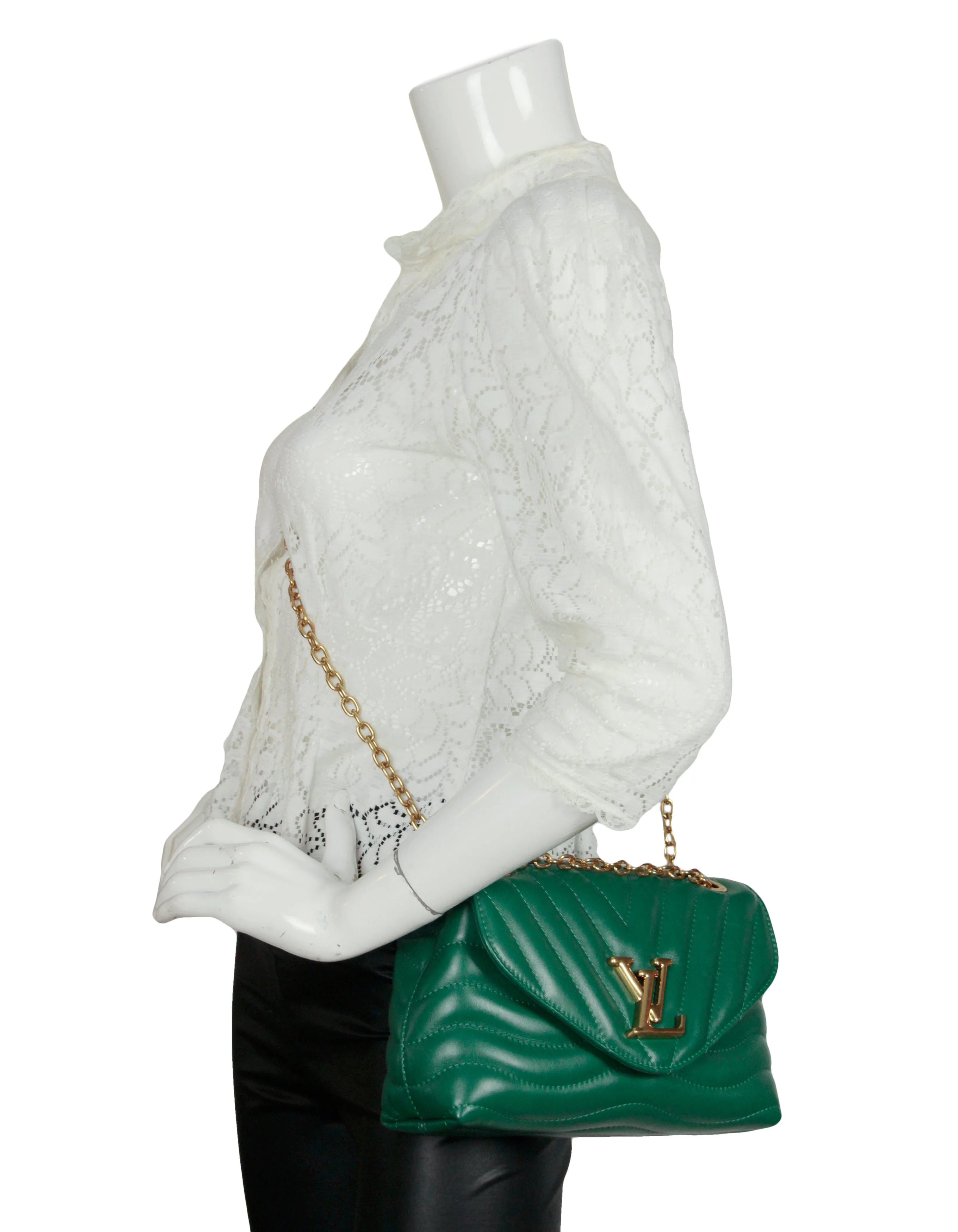 Louis Vuitton NEW Emerald Green Leather LV New Wave Chain Bag