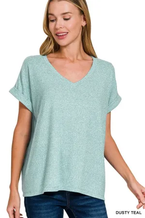 Melange Soft Hacci V-Neck Blouse teal