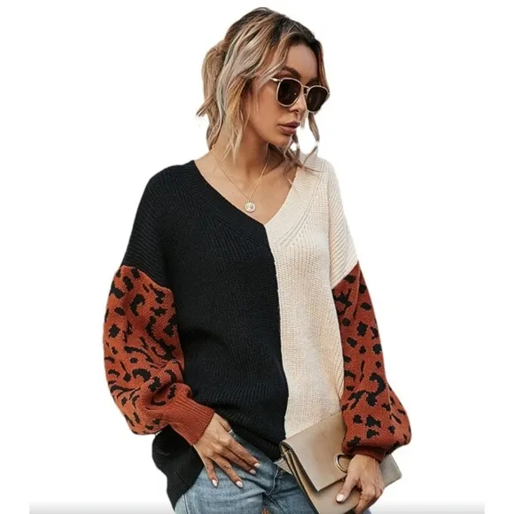 Miracle Colorclock V-neck Sweater with Leopard Sleeves