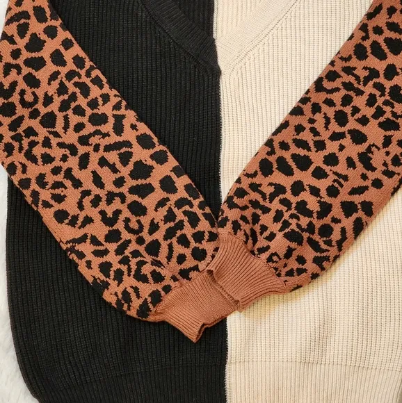 Miracle Colorclock V-neck Sweater with Leopard Sleeves