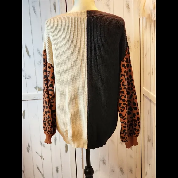 Miracle Colorclock V-neck Sweater with Leopard Sleeves