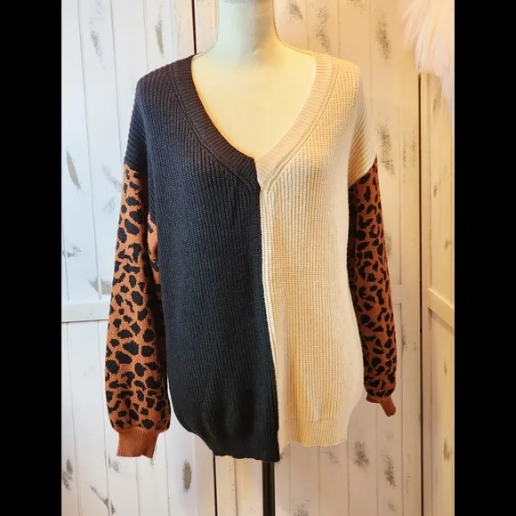 Miracle Colorclock V-neck Sweater with Leopard Sleeves