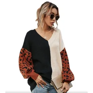 Miracle Colorclock V-neck Sweater with Leopard Sleeves