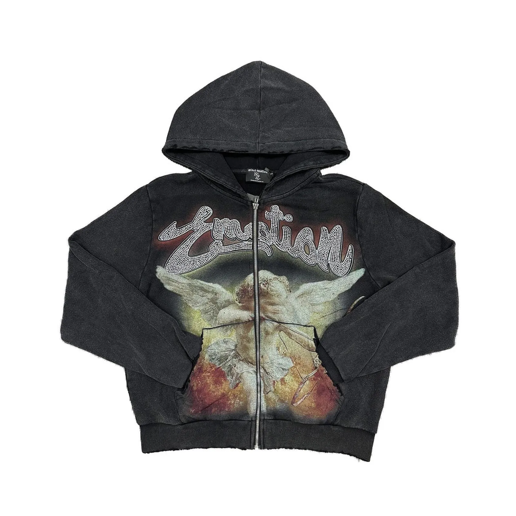 Mixed Emotion Acid Wash Rhinestone Hoodie Black