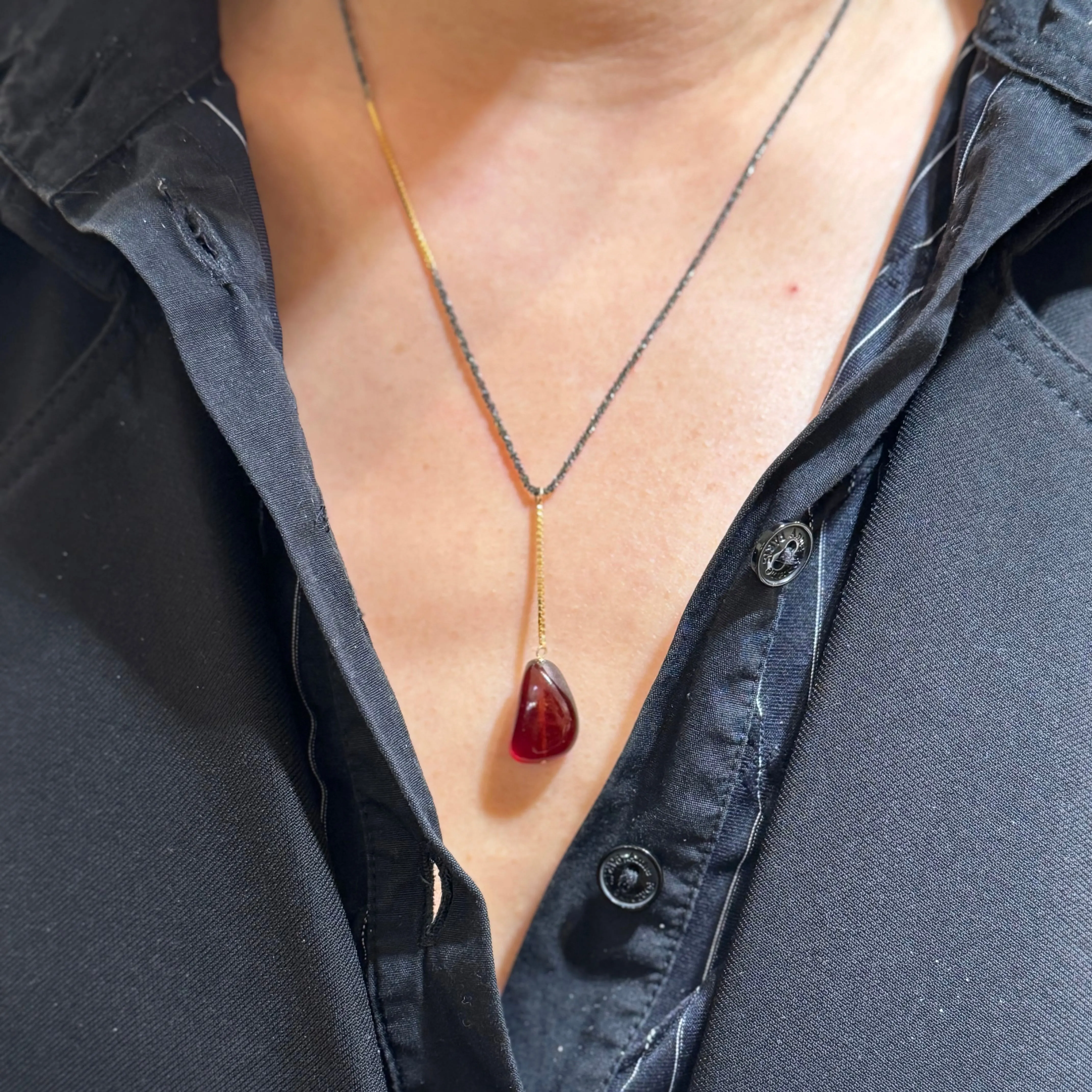 Mixed Metal Lariat Necklace With Garnet Drop