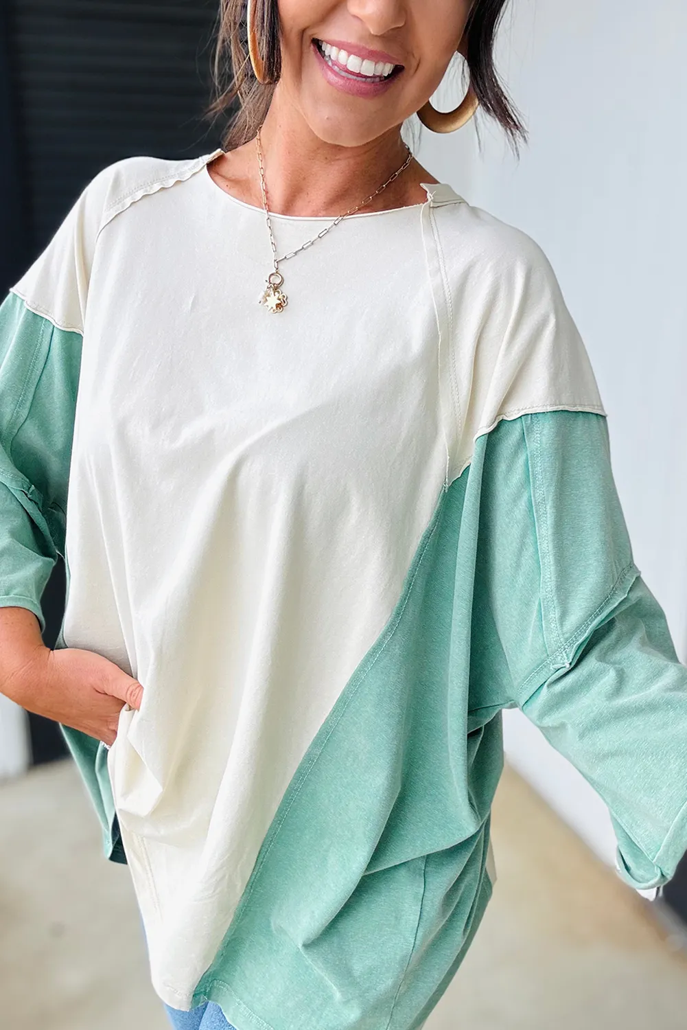 Moonlight Jade Colorblock Exposed Seam Bracelet Sleeve T Shirt