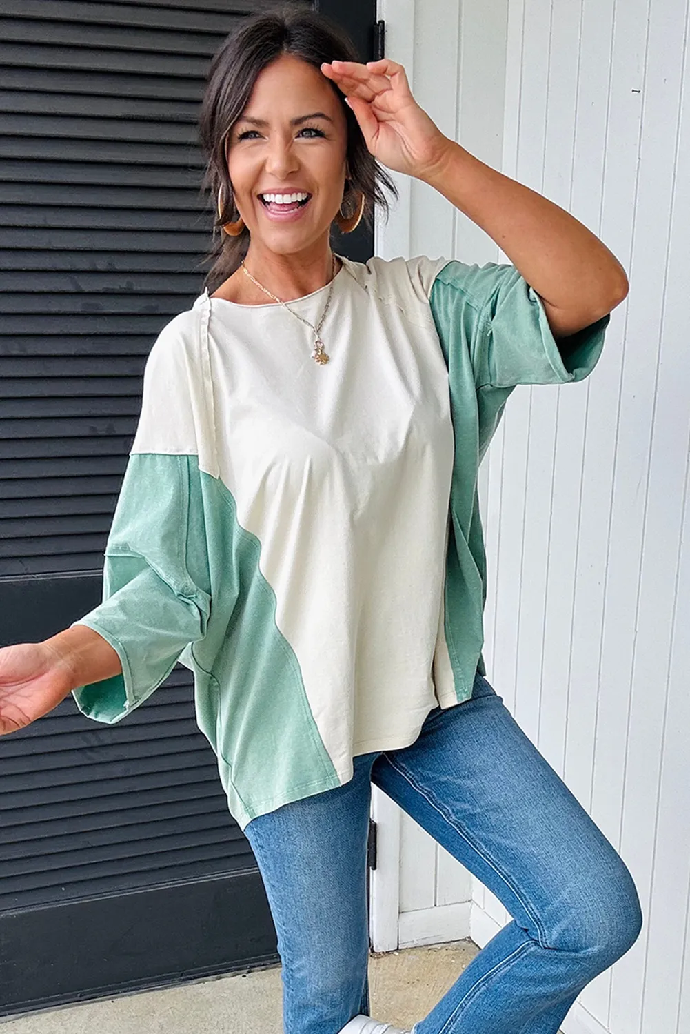 Moonlight Jade Colorblock Exposed Seam Bracelet Sleeve T Shirt