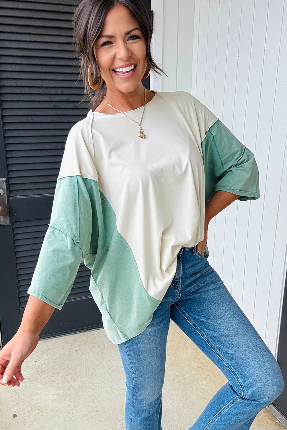 Moonlight Jade Colorblock Exposed Seam Bracelet Sleeve T Shirt