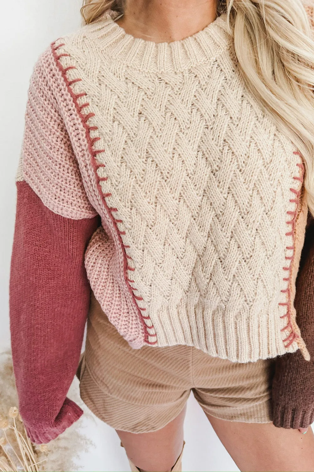 Multicolor Colorblock Cable Knit Round Neck Sweater