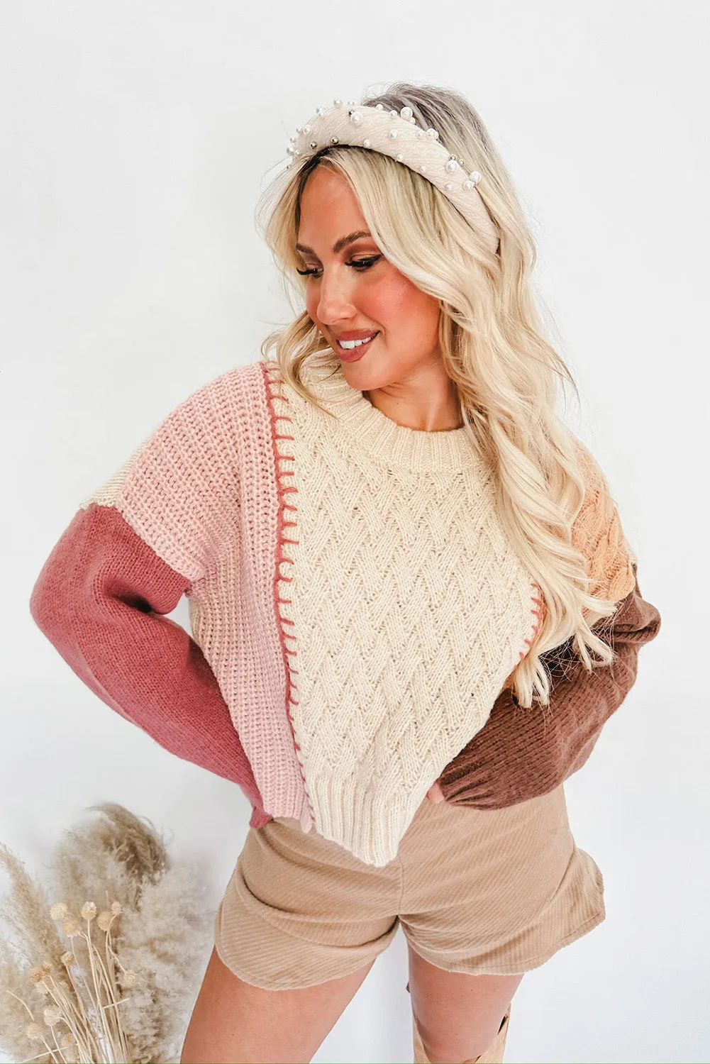 Multicolor Colorblock Cable Knit Round Neck Sweater