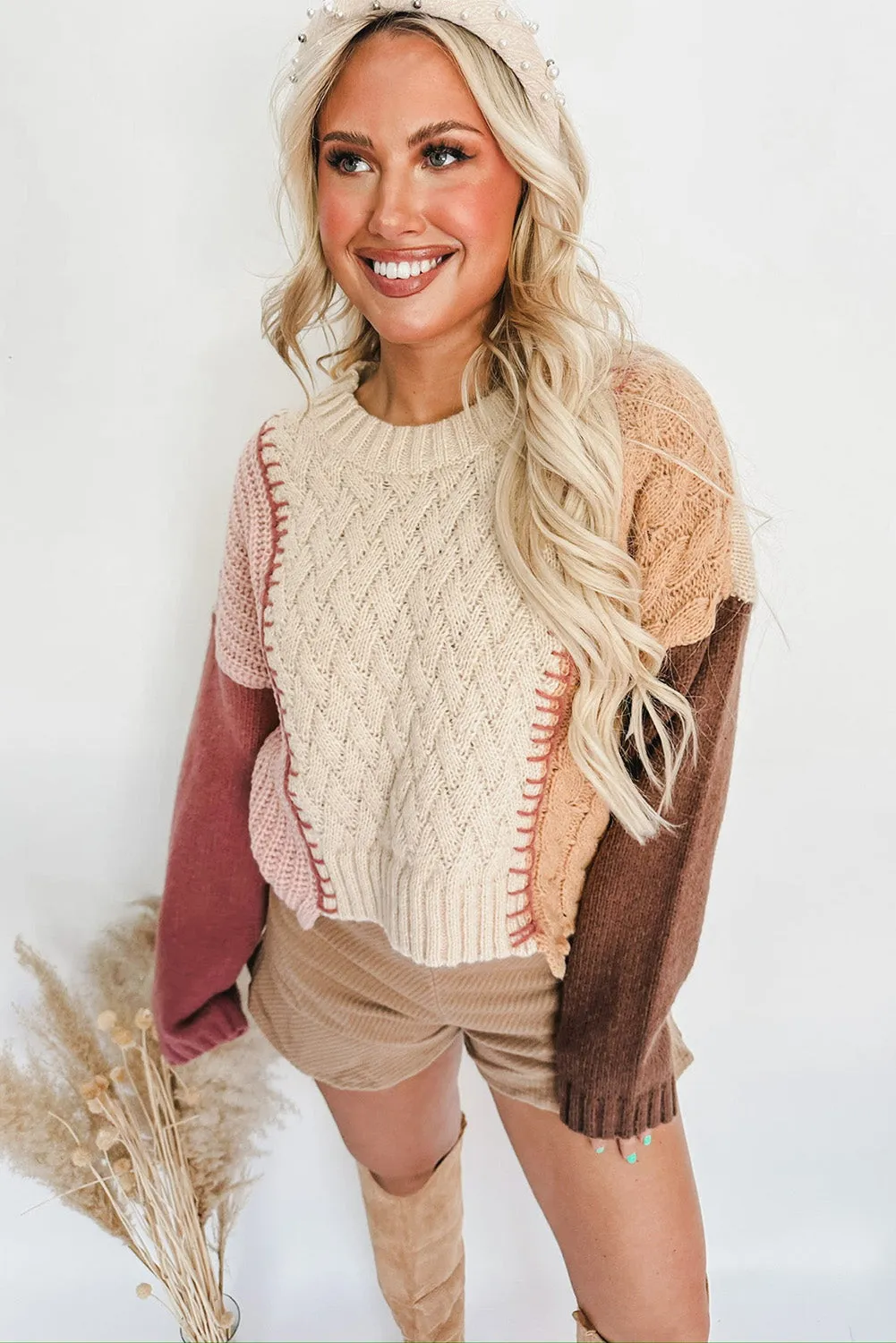 Multicolor Colorblock Cable Knit Round Neck Sweater