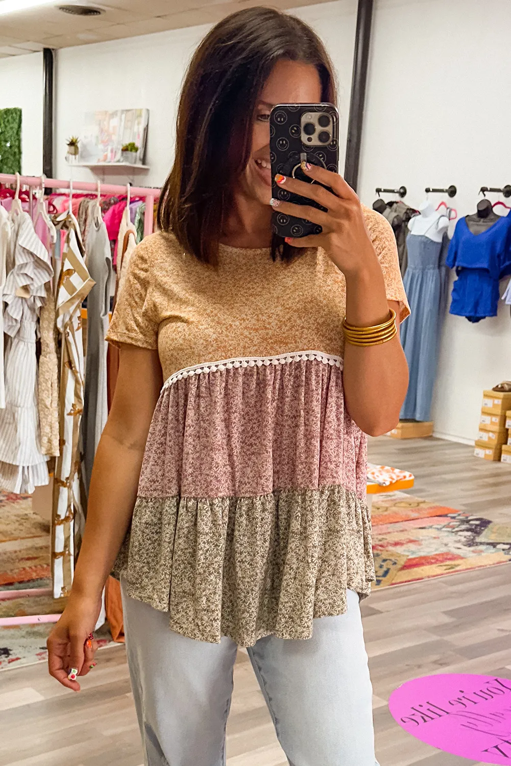 Multicolour Boho Floral Colorblock Patchwork Short Sleeve Babydoll Blouse