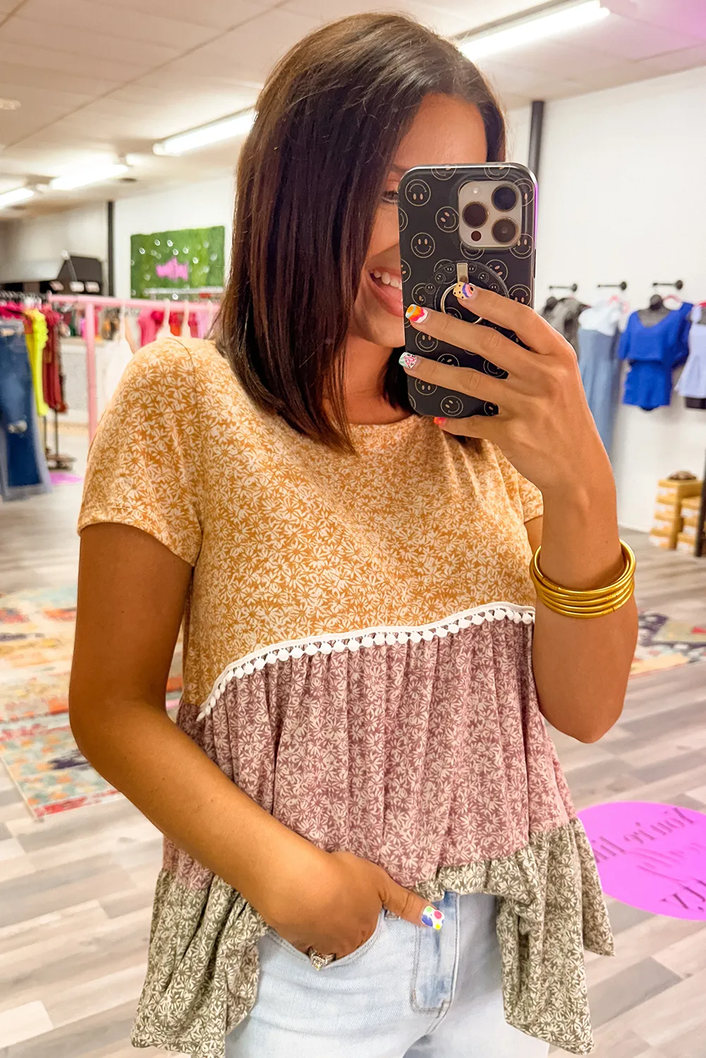 Multicolour Boho Floral Colorblock Patchwork Short Sleeve Babydoll Blouse