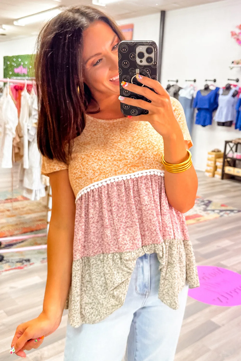 Multicolour Boho Floral Colorblock Patchwork Short Sleeve Babydoll Blouse