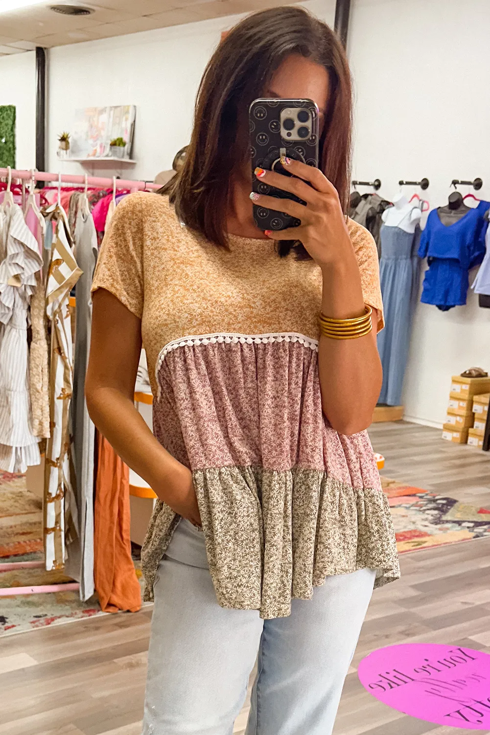 Multicolour Boho Floral Colorblock Patchwork Short Sleeve Babydoll Blouse