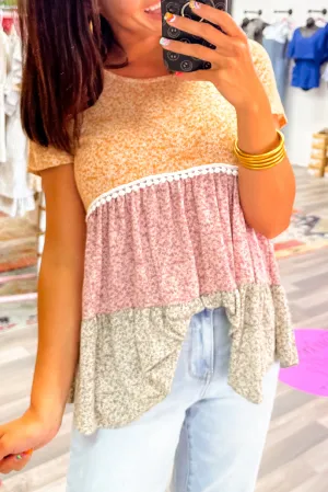Multicolour Boho Floral Colorblock Patchwork Short Sleeve Babydoll Blouse