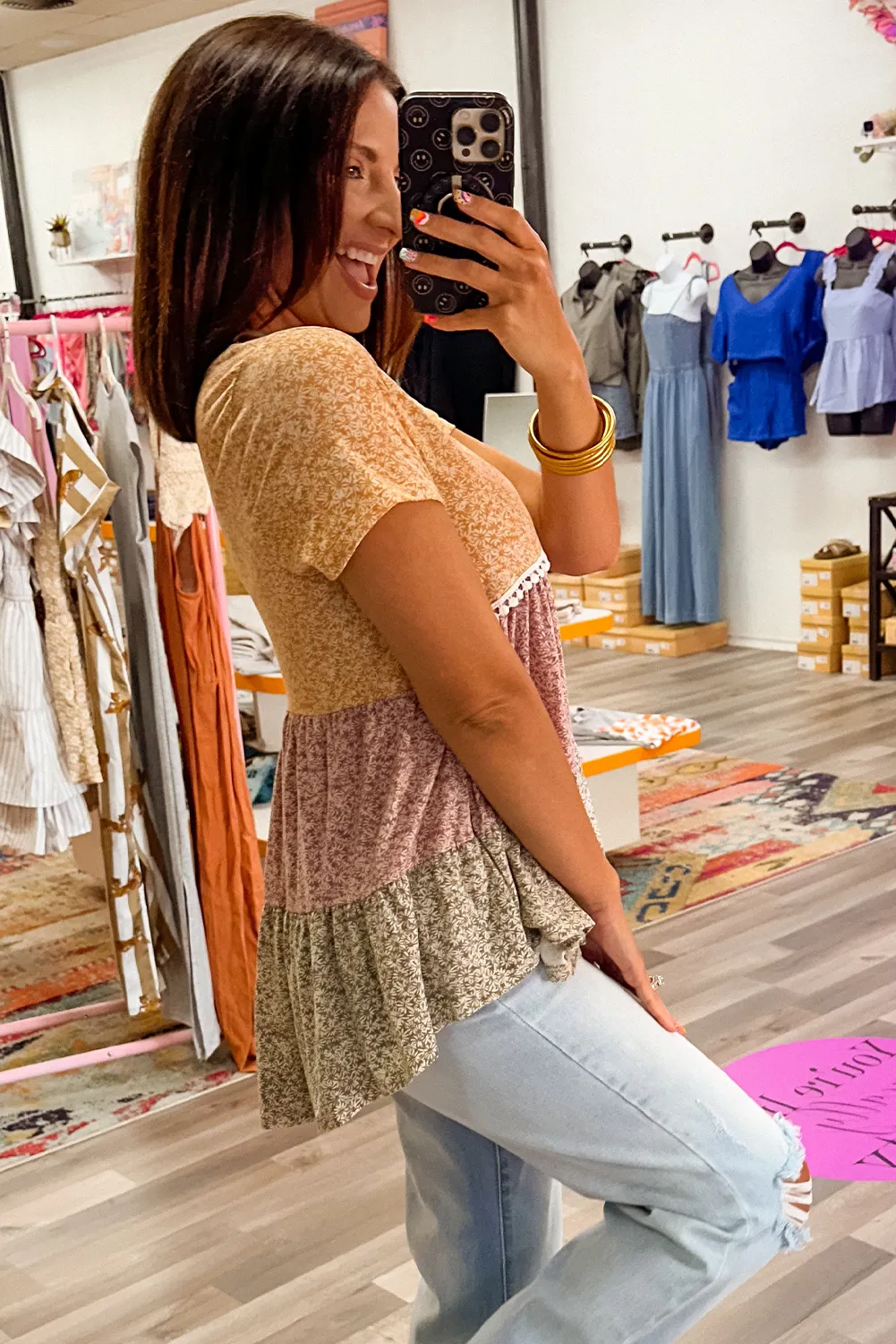 Multicolour Boho Floral Colorblock Patchwork Short Sleeve Babydoll Blouse