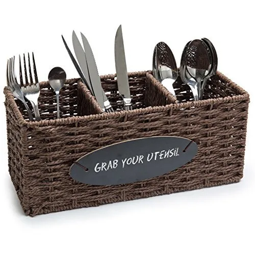 MyGift 3-Compartment Woven Seagrass Utensil Caddy Basket with Chalkboard Label, Brown