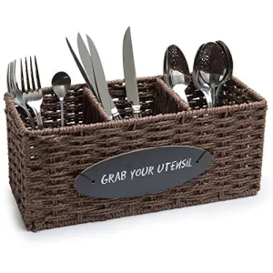 MyGift 3-Compartment Woven Seagrass Utensil Caddy Basket with Chalkboard Label, Brown