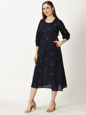 Navy Blue Princess Panelled Woven Cotton Dress