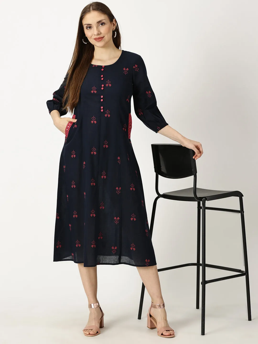 Navy Blue Princess Panelled Woven Cotton Dress